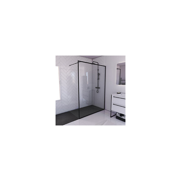Paroi De Douche 140x200 + Receveur A Poser 140x90 Cm + Cadre Et Barre Noir Mat - Contouring 140