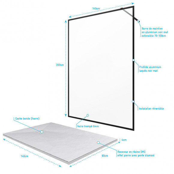 Paroi De Douche 140x200cm + Receveur A Poser - 140x90cm - Cadre Et Barre Noir Mat - Contouring 120
