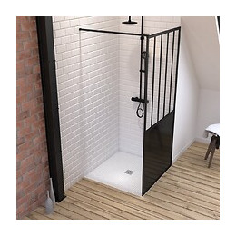 Pack Paroi De Douche 90x200 Cm Noir Mat + Receveur Haut A Poser 90x90cm - Blanc Effet Pierre