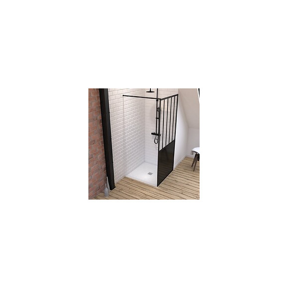 Pack Paroi De Douche 90x200 Cm Noir Mat + Receveur Haut A Poser 90x90cm - Blanc Effet Pierre