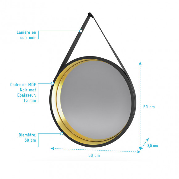 Miroir Salle De Bain Rond Type Barbier - Diamètre 50cm - Barber Gold