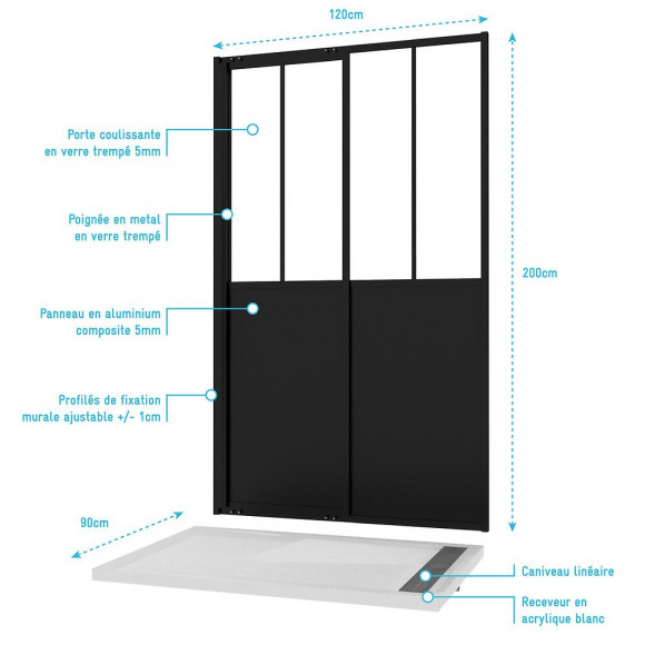 Pack Paroi Porte De Douche 120x200 Cm + Receveur 90x120 Cm-workshop Sliding 120 + Moon Linear 120-90