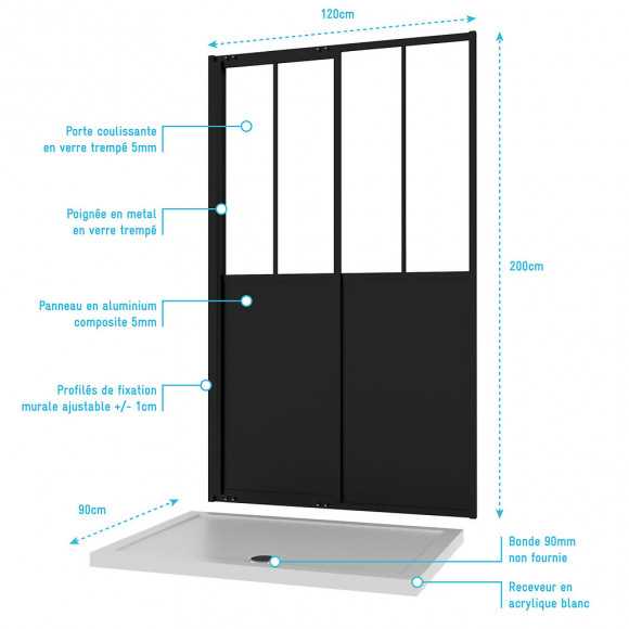 Pack Paroi Porte De Douche 120x200 Cm + Receveur 90x120 Cm-workshop Sliding 120+ Whiteness Ii 120-90