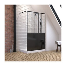 Pack Paroi De Douche 120x200 Cm Noir Mat + Receveur Haut A Poser 120x80 Blanc Effet Pierre