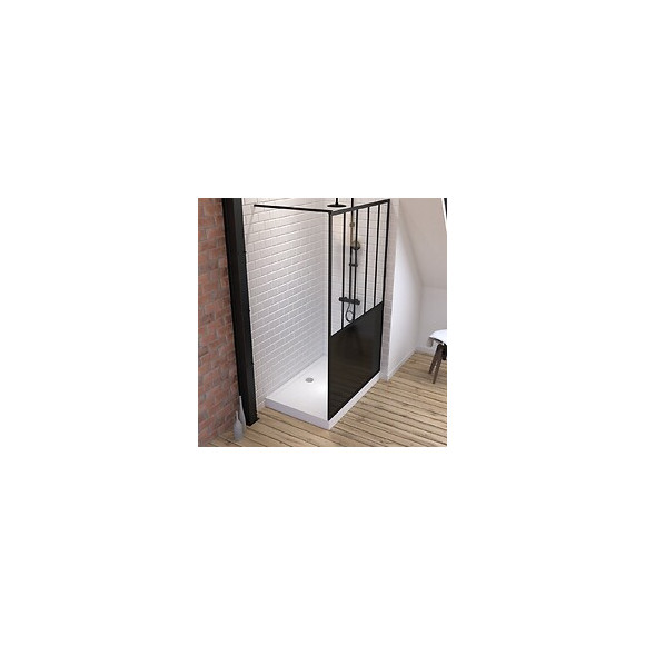 Pack Paroi De Douche 120x200 Cm Noir Mat + Receveur Haut A Poser 120x80 Blanc Effet Pierre