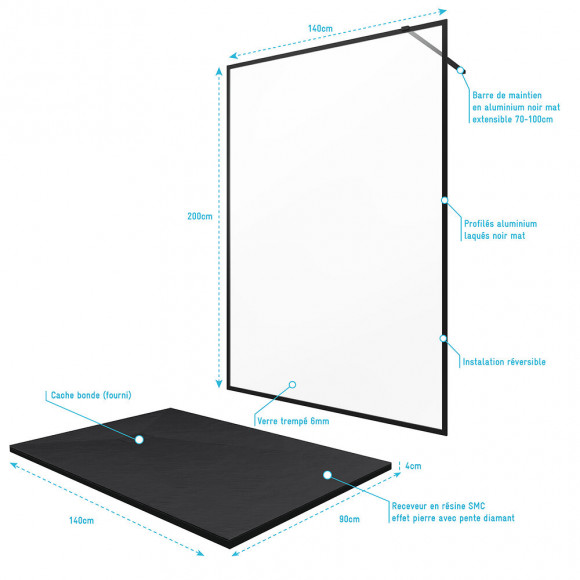 Paroi De Douche 140x200 + Receveur A Poser 140x90 Cm + Cadre Et Barre Noir Mat - Contouring 140