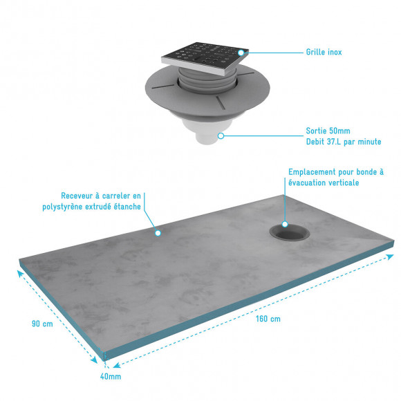 Bac Receveur De Douche À Carreler 160x90cm Recoupable Sur Mesure + Bonde Verticale - Rainy