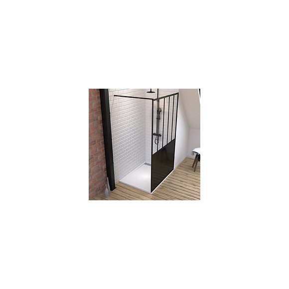 Pack Paroi De Douche 120x200 Cm Noir Mat - Verre Trempe 5mm + Receveur Extra Plat À Poser - Caniveau