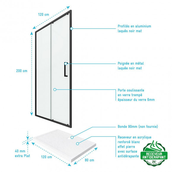 Pack Paroi Porte De Douche + Receveur A Poser - 120x80 Coulissante -crush Moon 120x80