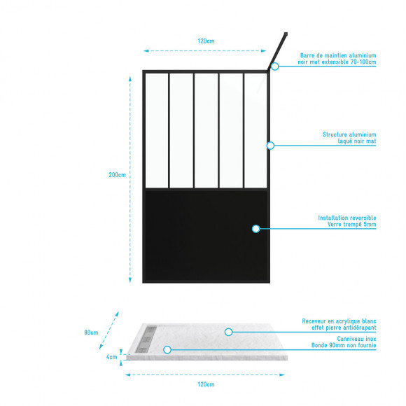 Pack Paroi De Douche 120x200 Cm Noir Mat - Verre Trempe 5mm + Receveur Extra Plat À Poser - Caniveau