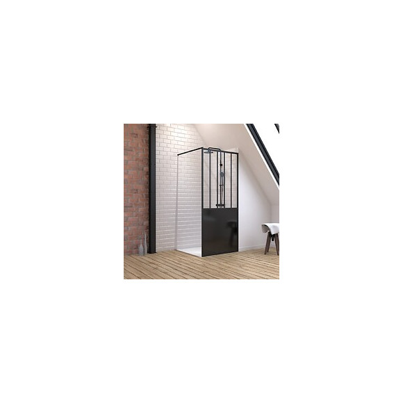 Pack Paroi De Douche 90x200 Cm Noir Mat + Receveur Haut A Poser 90x90cm - Blanc Effet Pierre