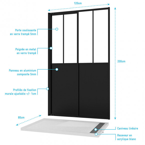 Pack Paroi Porte De Douche 120x200 Cm + Receveur 80x120 Cm-workshop Sliding 120 + Moon Linear 120-80