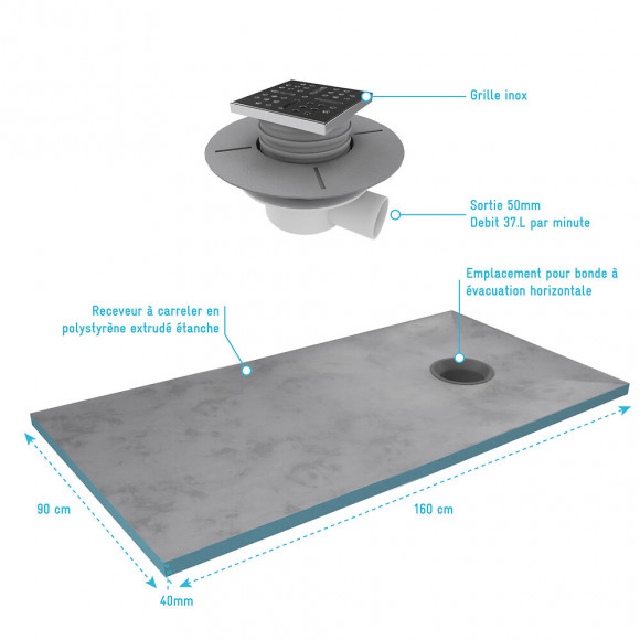 Bac Receveur De Douche À Carreler 160x90cm Recoupable Sur Mesure + Bonde Horizontale - Rainy