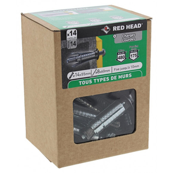 Boîte de 14 chevilles G2X diamètre 14X55mm + vis TH diamètre 8x60mm