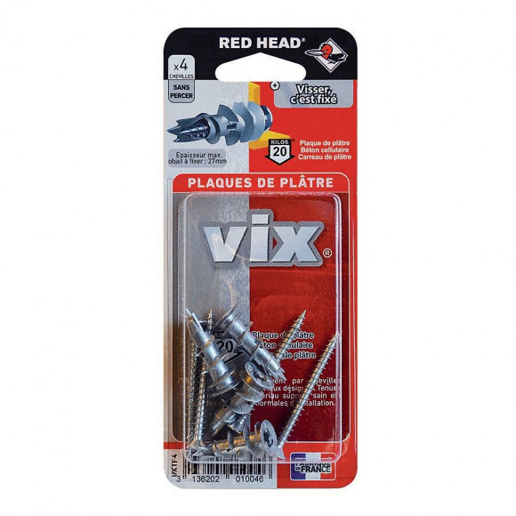 Sachet de 4 chevilles Vix 4,5x50 mm + 4 vis tête fraisée RED HEAD