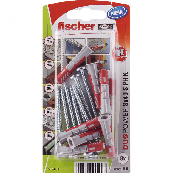 Blister de 8 chevilles tous matériaux DUOPOWER 8x40mm + vis