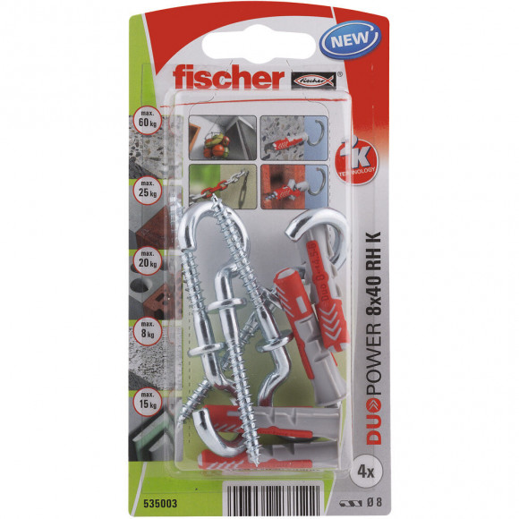 4 chevilles tous matériaux DUOPOWER 8x40mm + crochets ronds