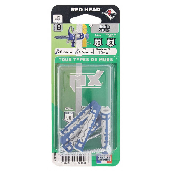 Blister de 5 chevilles Mx 8x50mm + vis TF 4.5x55mm
