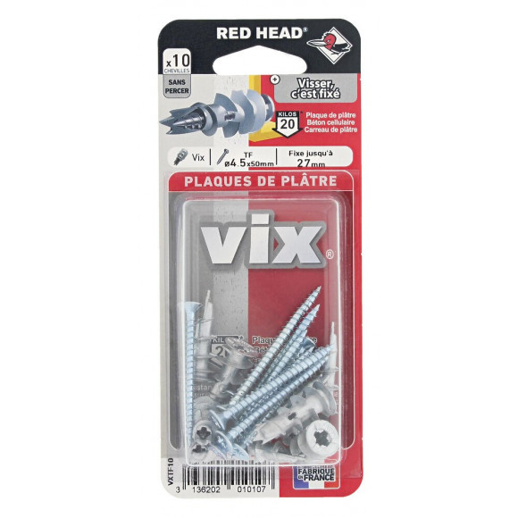 Blister de 10 chevilles Vix + vis TF 4.5x50mm