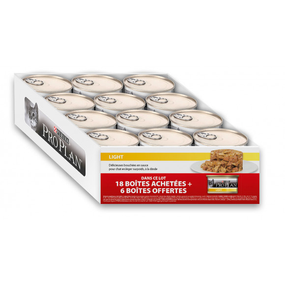 Boites chat LIGHT - Bouchées en sauce - Dinde 18 boites 85g + 6 grat.