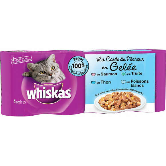 4 boites pour chat WHISKAS La carte du Pecheur aux poissons 390g