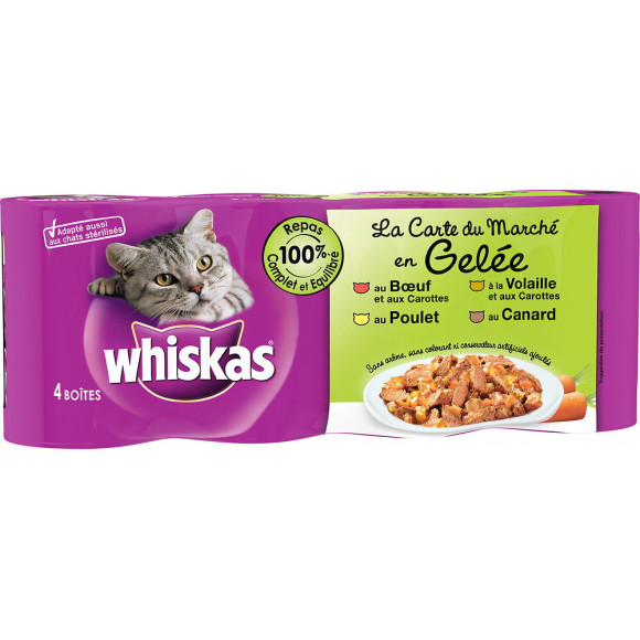 4 boites pour chats WHISKAS La carte du marché en gelée 390g