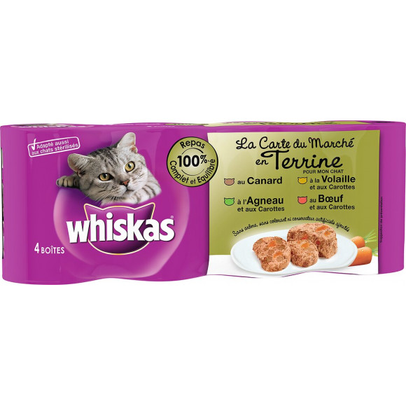4 boîtes pour chat WHISKAS La Carte du Marché en terrine 400 gr