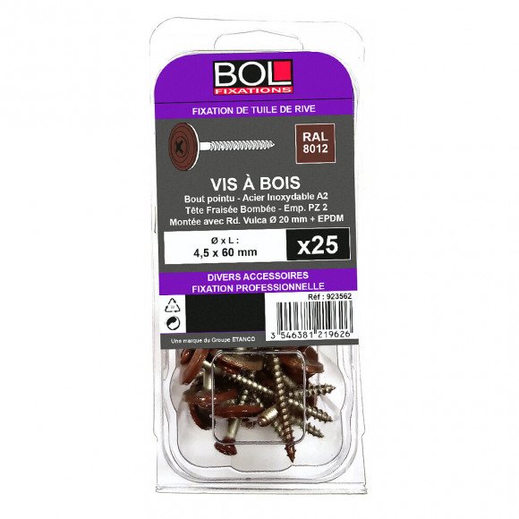 25 vis tfb pozidriv 4.5x60 inox a2 + rondelle RAL 8012