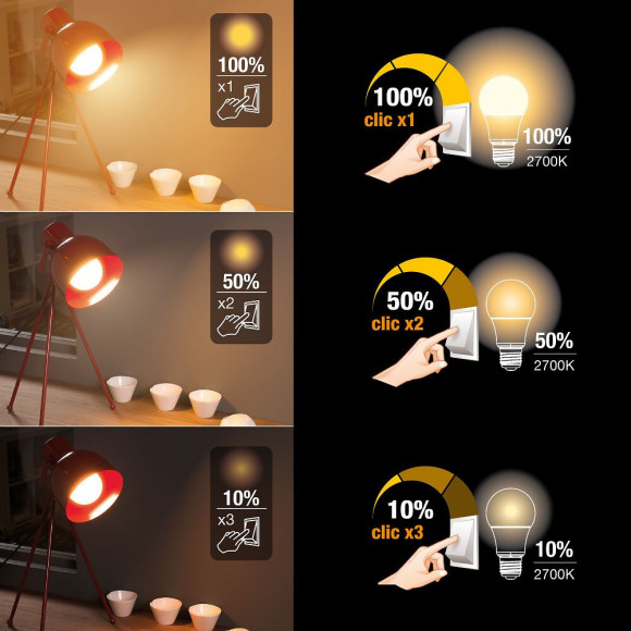 Ampoule led standard A60 dimmable par switch culot E27 10W 2700K