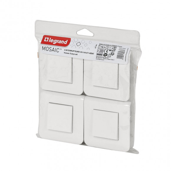 Lot de 4 interrupteurs Mosaic 10A blanc complet avec plaque