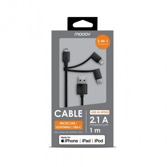 Câble USB-A 3-en-1 Lightning MFI-USB-C-micro-USB 1m - noir