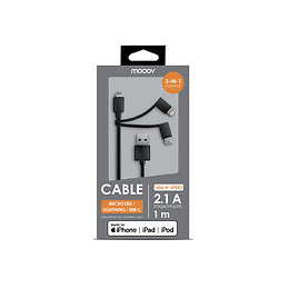Câble USB-A 3-en-1 Lightning MFI-USB-C-micro-USB 1m - noir