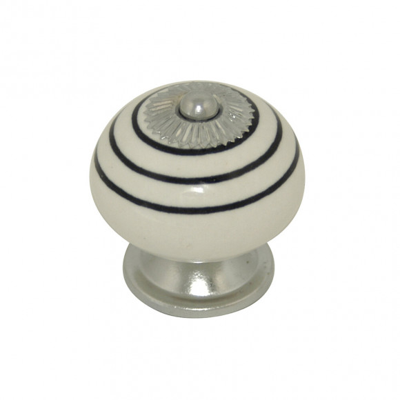 Bouton diam 40mm céramique blanc raye noir/nickel