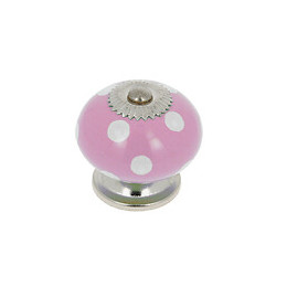 Bouton diam 40mm céramique rose pois blanc/nickel