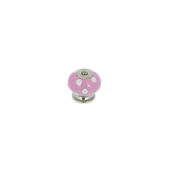 Bouton diam 40mm céramique rose pois blanc/nickel