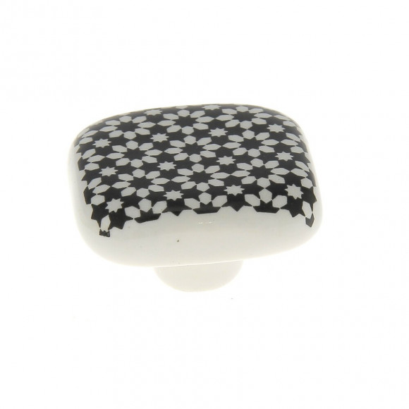 Bouton carré 40mm céramique motif fleur noir