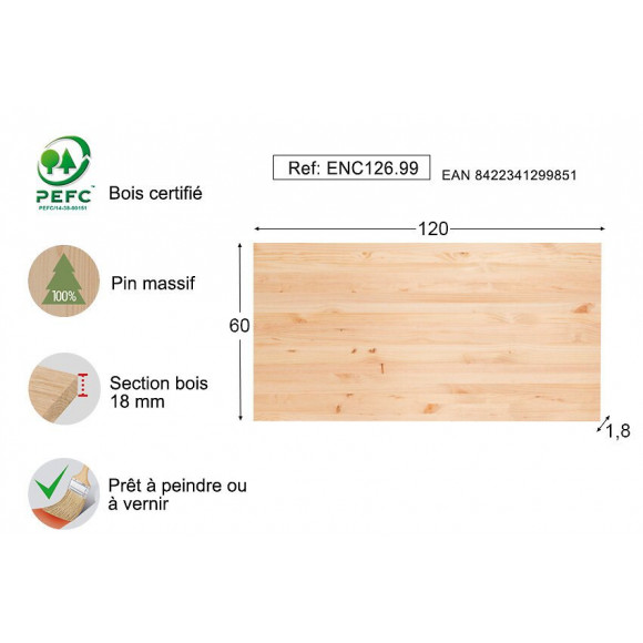 Plateau pin massif 120x60cm épaisseur 18mm