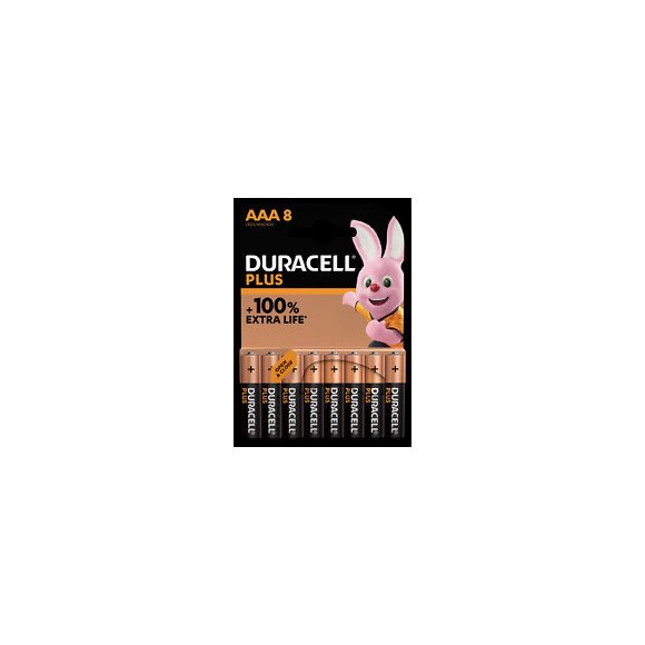 Piles alcalines AAA x8 Duracell Plus, 1.5V LR03