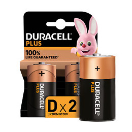 Piles alcalines D x2 Duracell Plus, 1.5V LR20