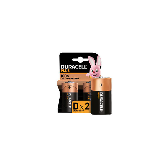 Piles alcalines D x2 Duracell Plus, 1.5V LR20