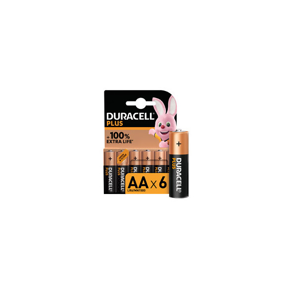 Piles alcalines AA x6 Duracell Plus, 1.5V LR6