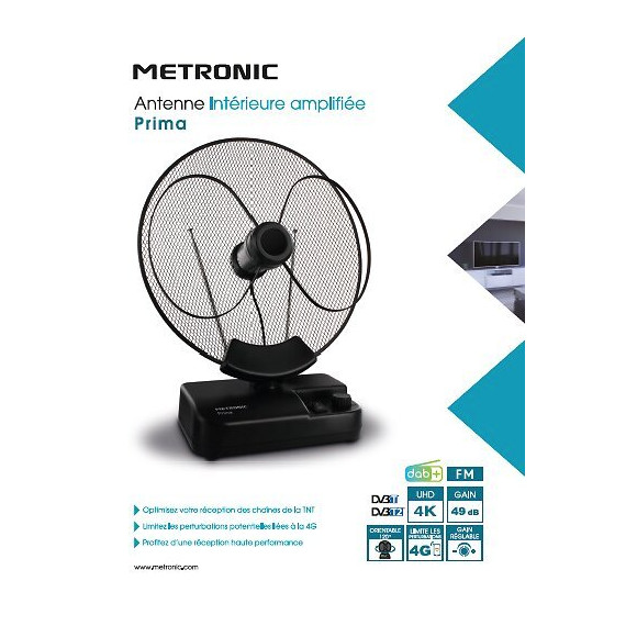 Antenne d'intérieur amplifiée FM-DAB+ 4K 49dB - noire