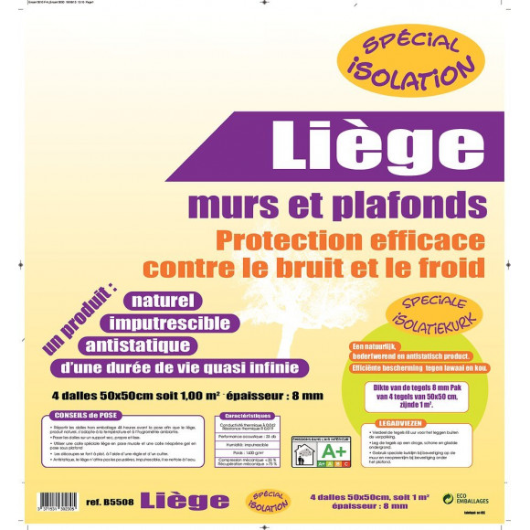 4 Dalles liège 500x500mm épaisseur 8mm