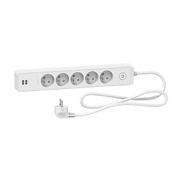 Rallonge multiprise 5 prises 2P+T 2 USB 1,5m - Blanc