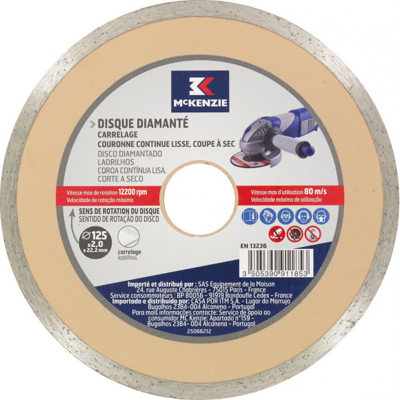 Disque diamant continu diamètre 125x2mm - alésage 22.2mm
