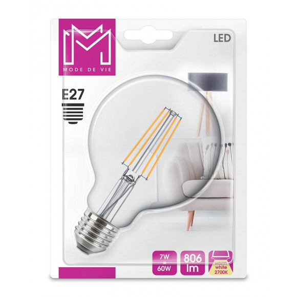 Ampoule LED Verre équivalent 60W Globe 93 E27 2700K Filament