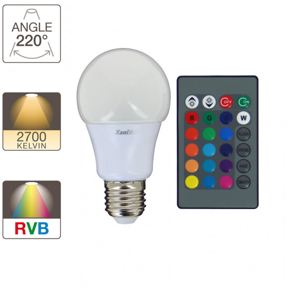 Ampoule led standard A60 blanc+RVB culot E27 8W 3000K