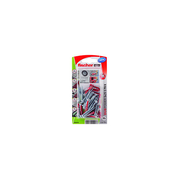 Blister de 18 chevilles tous matériaux DUOPOWER 5x25mm + vis