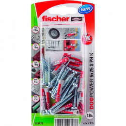Blister de 18 chevilles tous matériaux DUOPOWER 5x25mm + vis