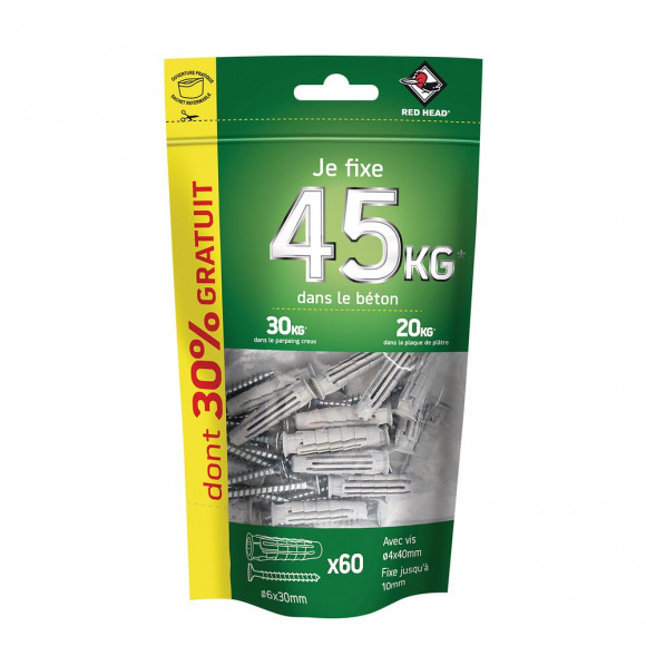 Doypack de 60 chevilles Nordtech 6x30mm + vis TF 4x40mm